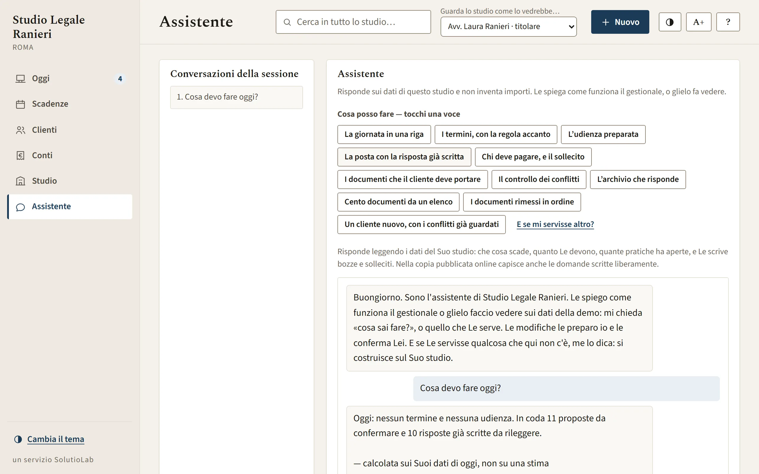 Gestionale dimostrativo: l’assistente dello studio risponde alla domanda «Cosa devo fare oggi?» leggendo i dati dello studio.