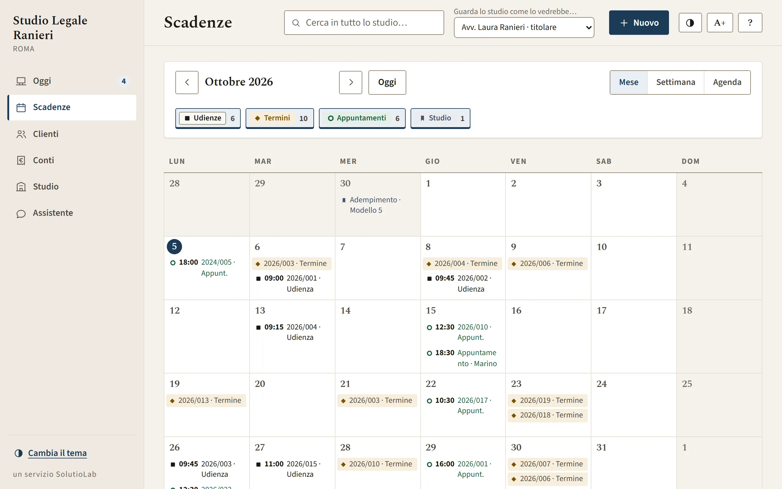 La base per studi legali, versione dimostrativa: il calendario del mese con udienze, termini e appuntamenti.